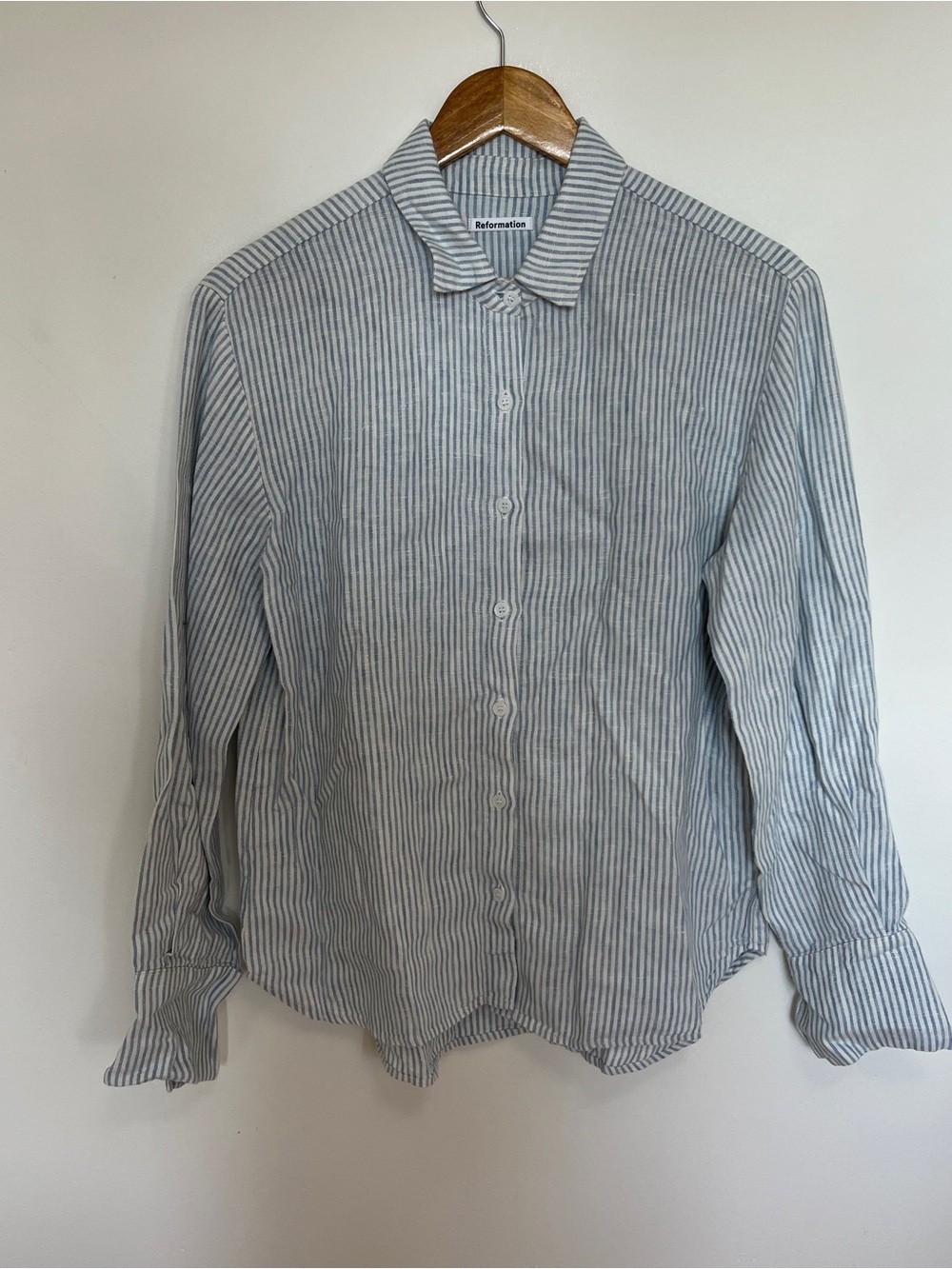 Reformation 100% Linen Striped Button Front Shirt Womens Size M Blue White